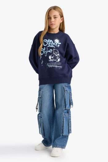 Girls' Oversized Wide Fit Printed Crew Neck Sweatshirt