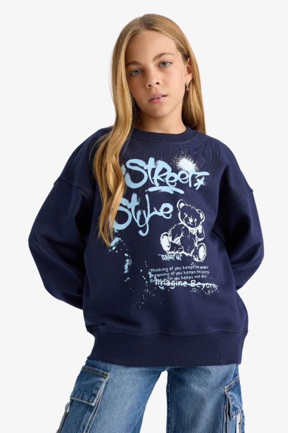 Girls' Oversized Wide Fit Printed Crew Neck Sweatshirt