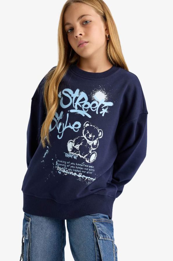 Girls' Oversized Wide Fit Printed Crew Neck Sweatshirt
