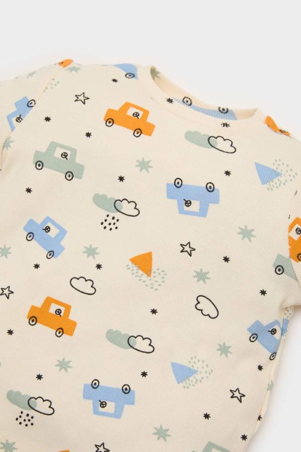 Boys' Pajama Set with Vehicle Print and Ribbed Long Sleeve Top