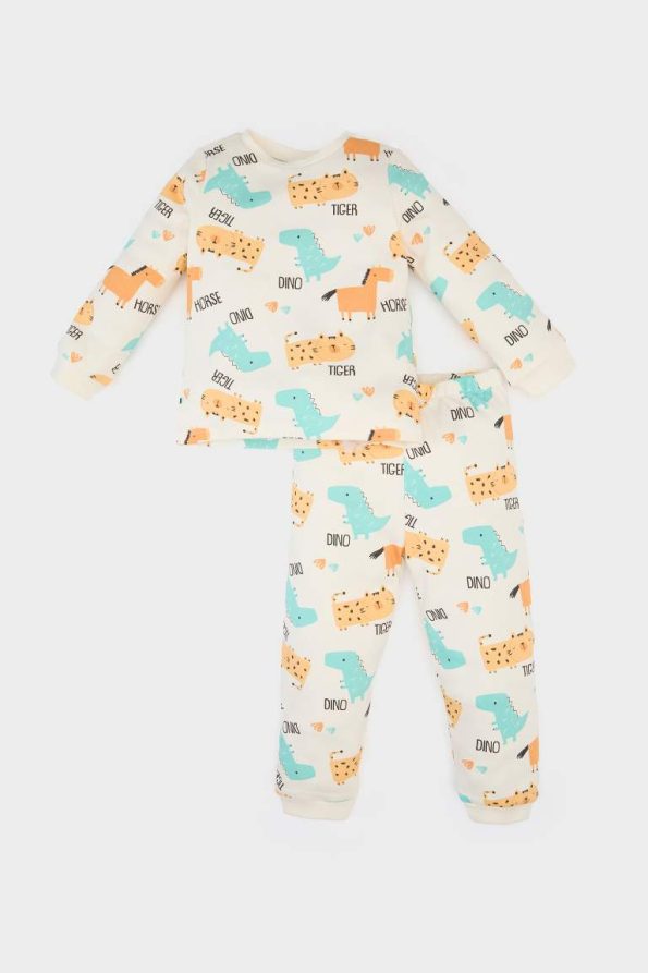 Boys' Patterned Long Sleeve Pajama Set with Elastic Waist Pants