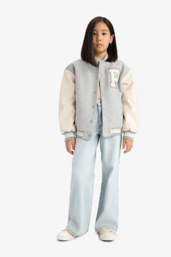 Girls' College Collar Printed Bomber Jacket