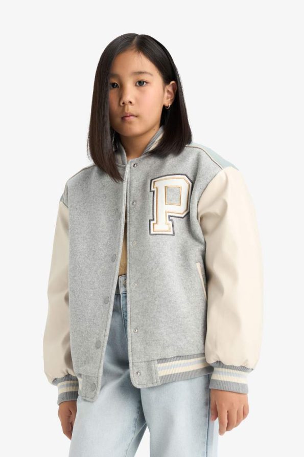 Girls' College Collar Printed Bomber Jacket
