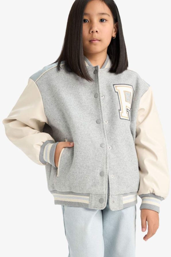 Girls' College Collar Printed Bomber Jacket
