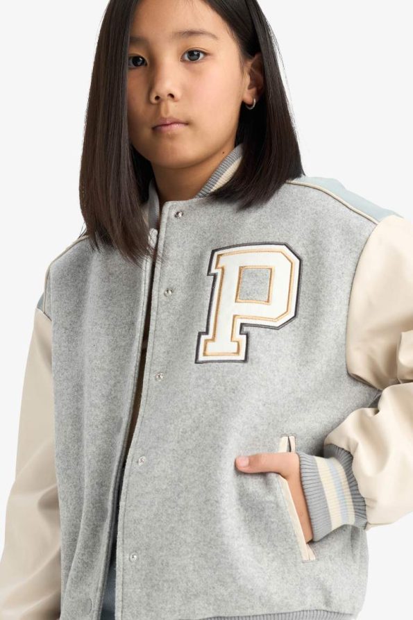 Girls' College Collar Printed Bomber Jacket
