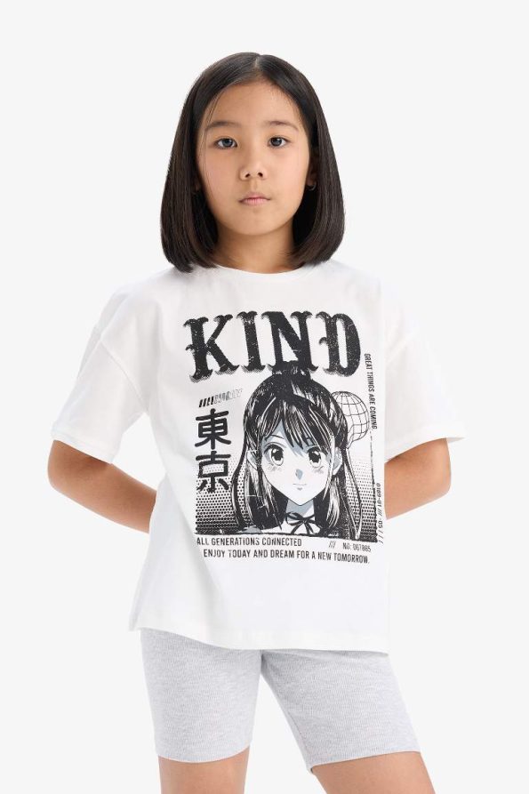 Girls' Cotton 2-Piece Set Printed Short Sleeve T-Shirt Biker Leggings