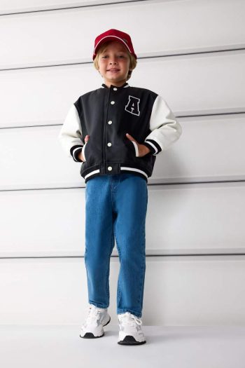 Boys' Waterproof College Collar Embroidered Pocket Snap Bomber Jacket