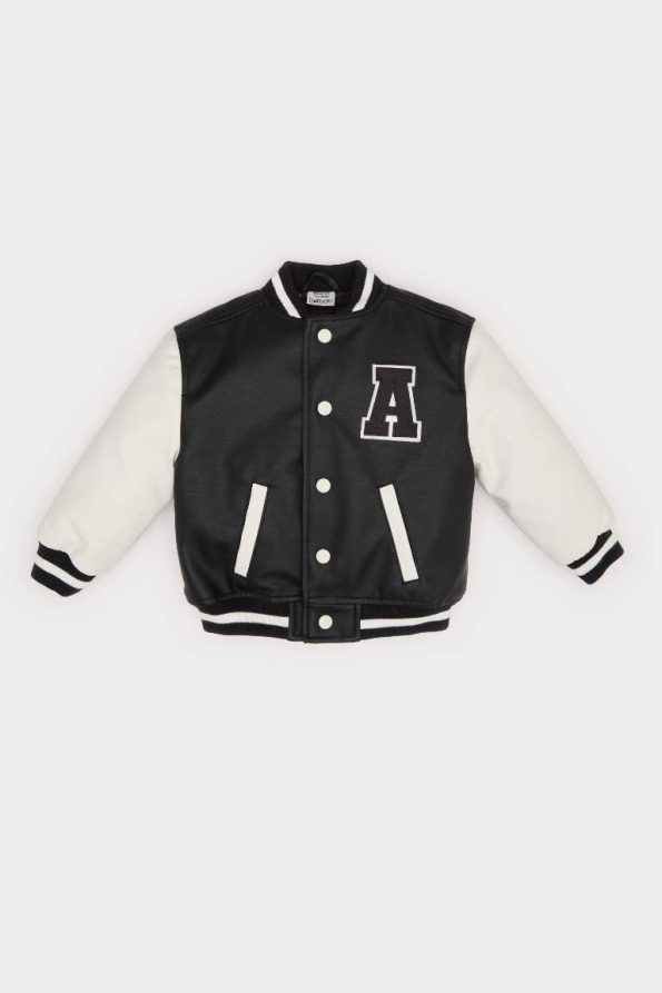 Boys' Waterproof College Collar Embroidered Pocket Snap Bomber Jacket