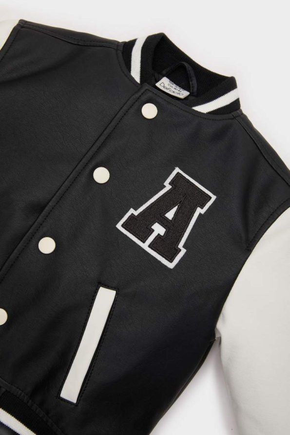 Boys' Waterproof College Collar Embroidered Pocket Snap Bomber Jacket
