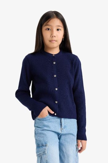 Girls' Buttoned Knit Cardigan with Crew Neck
