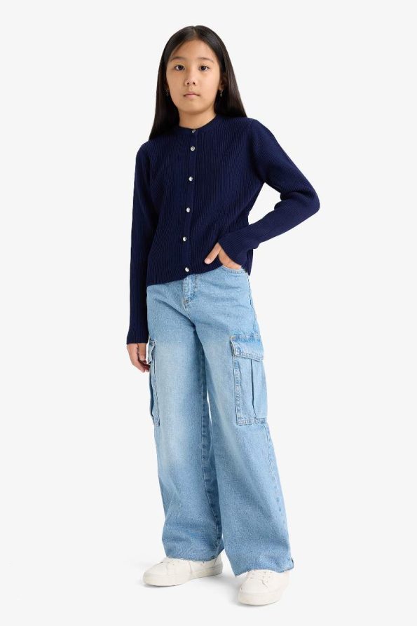 Girls' Buttoned Knit Cardigan with Crew Neck