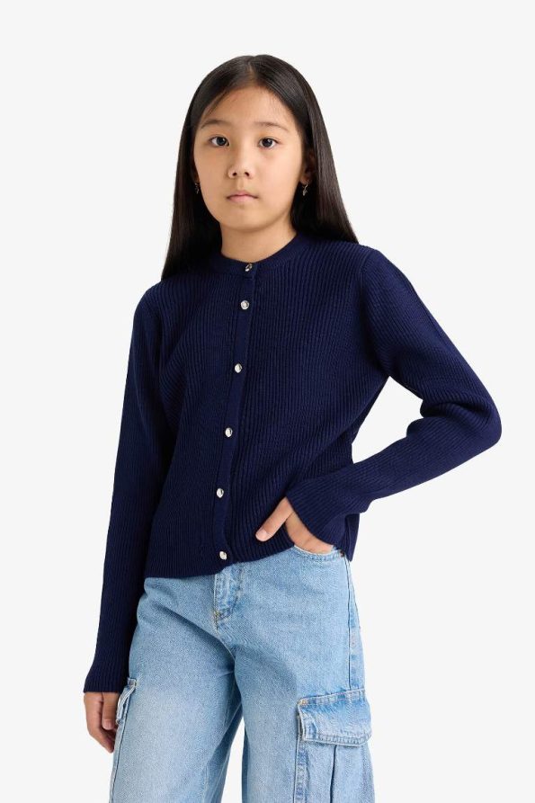 Girls' Buttoned Knit Cardigan with Crew Neck