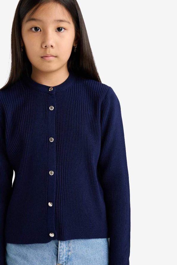 Girls' Buttoned Knit Cardigan with Crew Neck