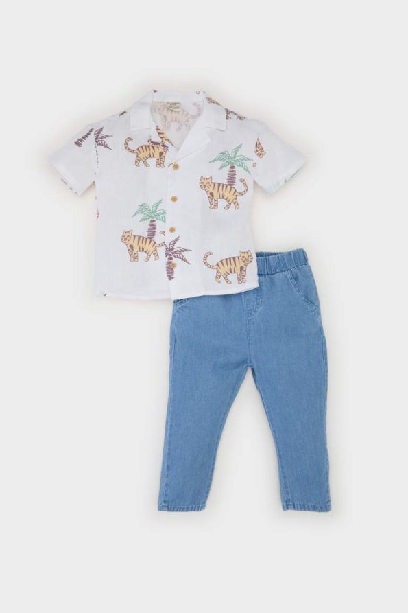 Boys' 2-Piece Set with Printed Short-Sleeve Shirt and Elastic Waist Jean Pants