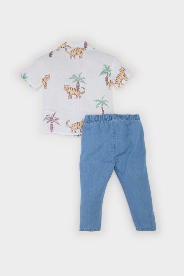 Boys' 2-Piece Set with Printed Short-Sleeve Shirt and Elastic Waist Jean Pants