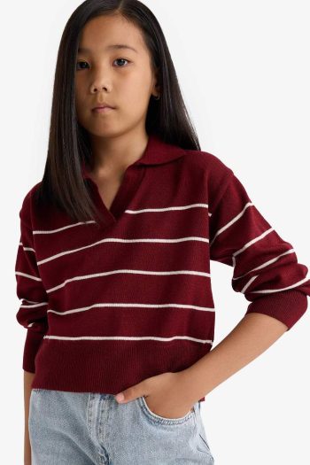 Girls' Standard Fit Striped Polo Neck Knit Sweater