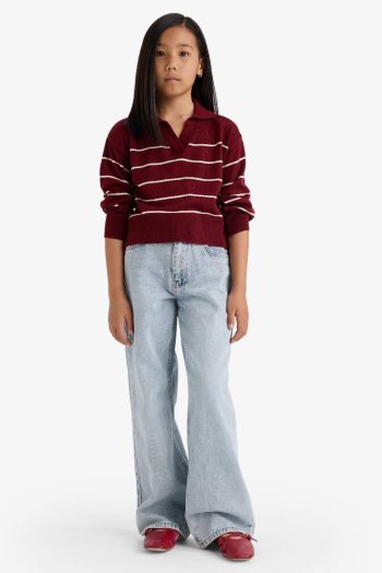 Girls' Standard Fit Striped Polo Neck Knit Sweater