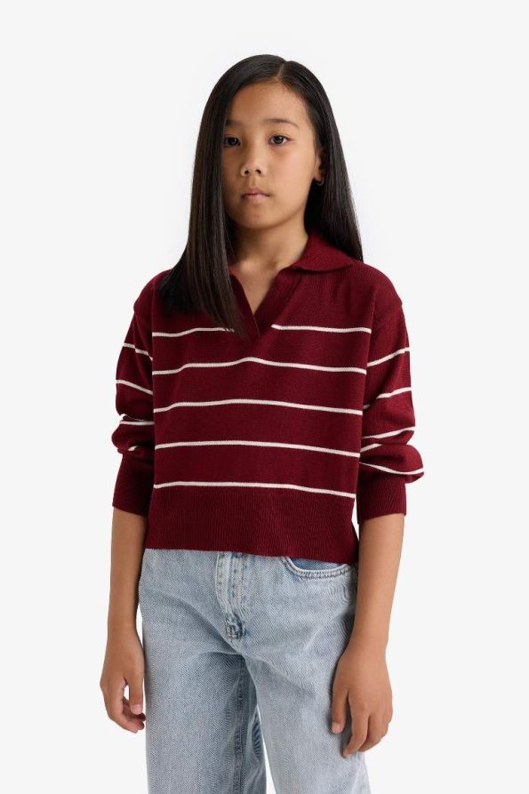 Girls' Standard Fit Striped Polo Neck Knit Sweater
