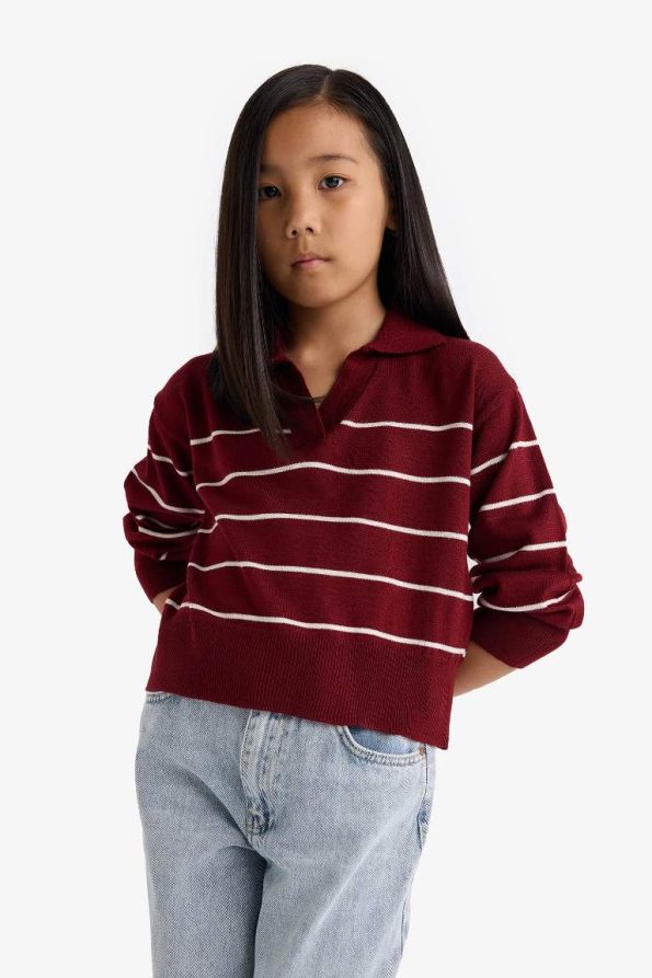 Girls' Standard Fit Striped Polo Neck Knit Sweater