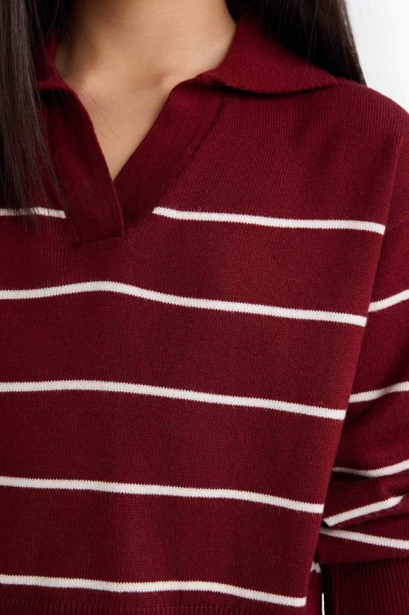 Girls' Standard Fit Striped Polo Neck Knit Sweater