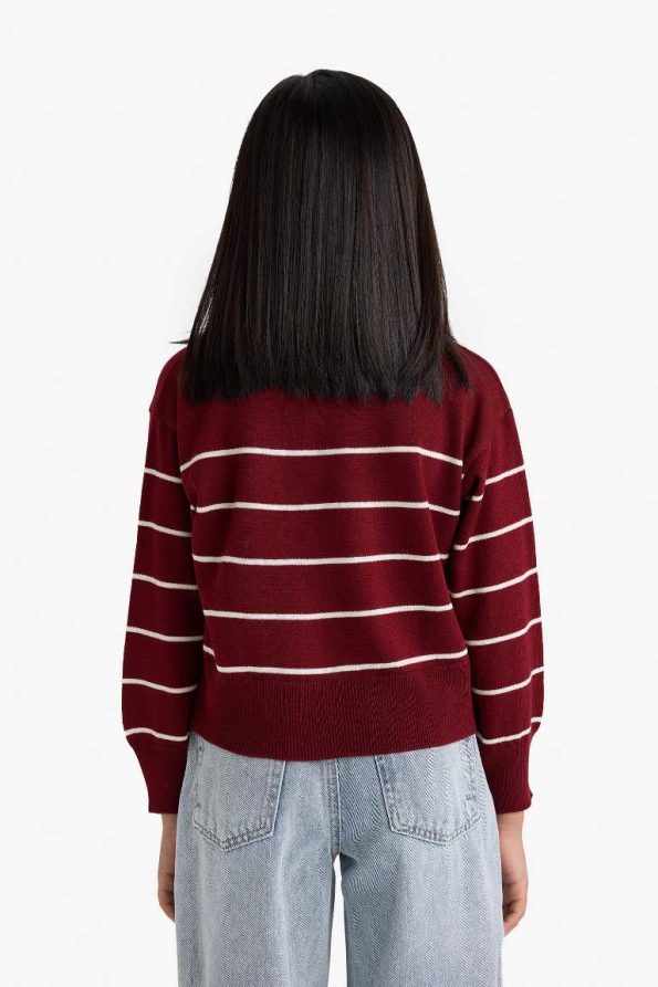 Girls' Standard Fit Striped Polo Neck Knit Sweater