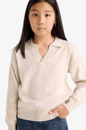 Girls' Standard Fit Polo Collar Knit Sweater