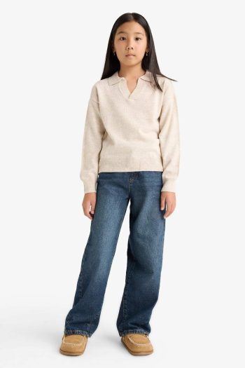 Girls' Standard Fit Polo Collar Knit Sweater