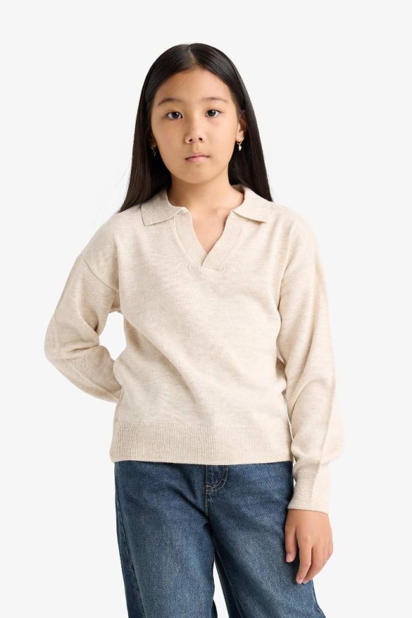 Girls' Standard Fit Polo Collar Knit Sweater