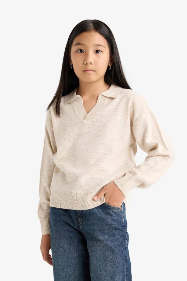 Girls' Standard Fit Polo Collar Knit Sweater