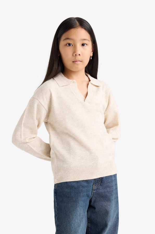 Girls' Standard Fit Polo Collar Knit Sweater
