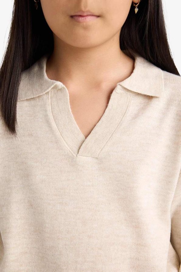 Girls' Standard Fit Polo Collar Knit Sweater