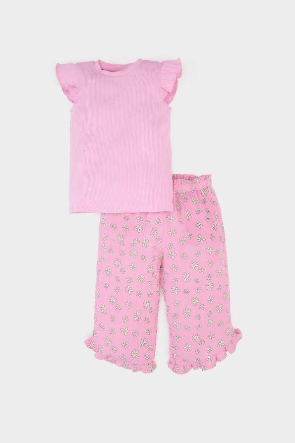 Girls' Baby Crinkle Viscose 2-Piece Set with Short Sleeve T-Shirt and Elastic Waist Floral Pants