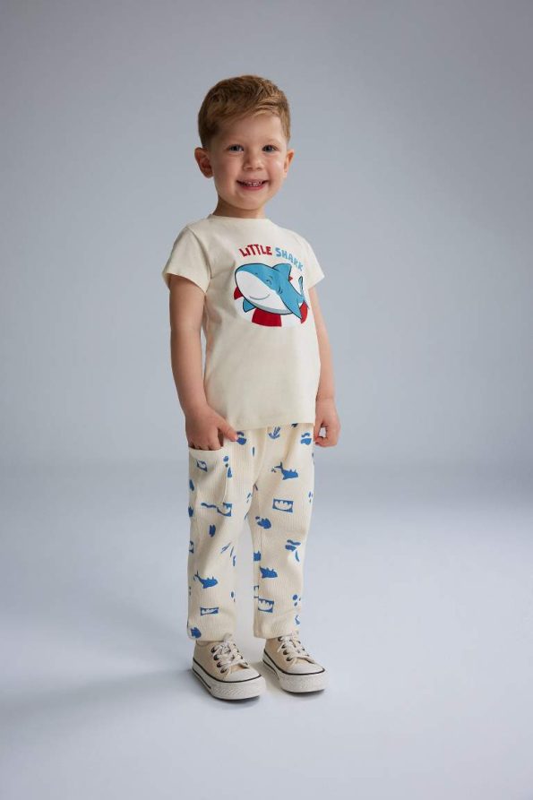 Boys' Two-Piece Outfit with Printed Short Sleeve Waffle T-Shirt and Elastic Waist Pants