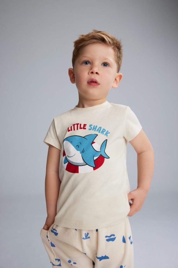Boys' Two-Piece Outfit with Printed Short Sleeve Waffle T-Shirt and Elastic Waist Pants