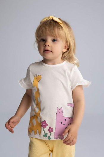 Girls' Baby 3-Piece Set Ribbed Jersey Printed Short Sleeve T-Shirt with Elastic Waistband and Headband