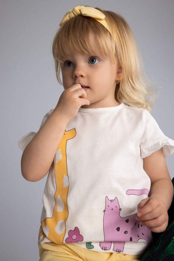Girls' Baby 3-Piece Set Ribbed Jersey Printed Short Sleeve T-Shirt with Elastic Waistband and Headband