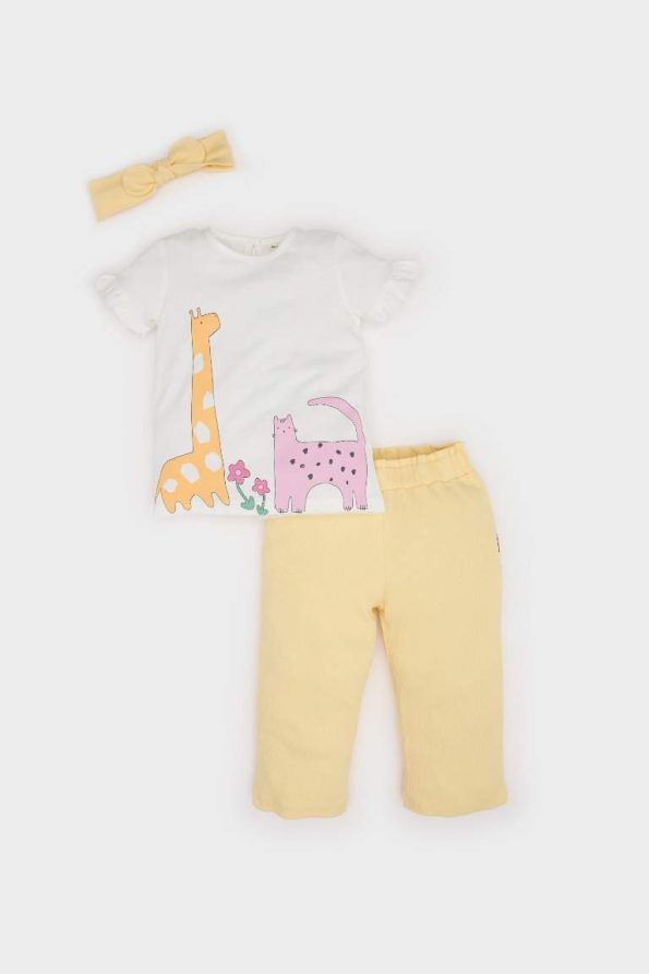 Girls' Baby 3-Piece Set Ribbed Jersey Printed Short Sleeve T-Shirt with Elastic Waistband and Headband