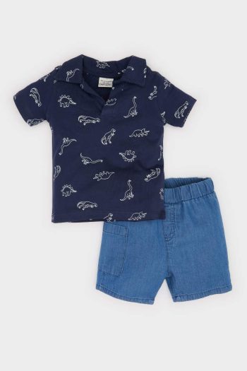Boys' Dino Print Two-Piece Set with Elastic Waist Short Jeans