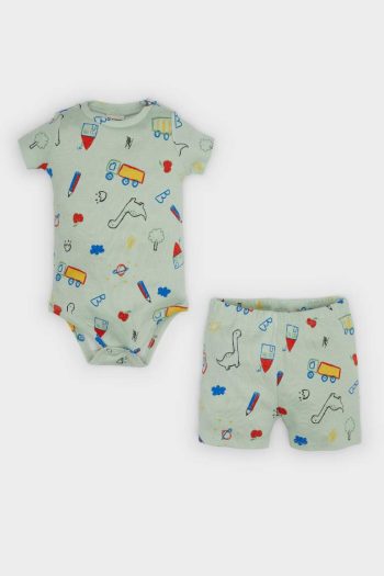 Boys' Dinosaur Print Short Sleeve Two-Piece Set with Snaps and Elastic Waist Shorts