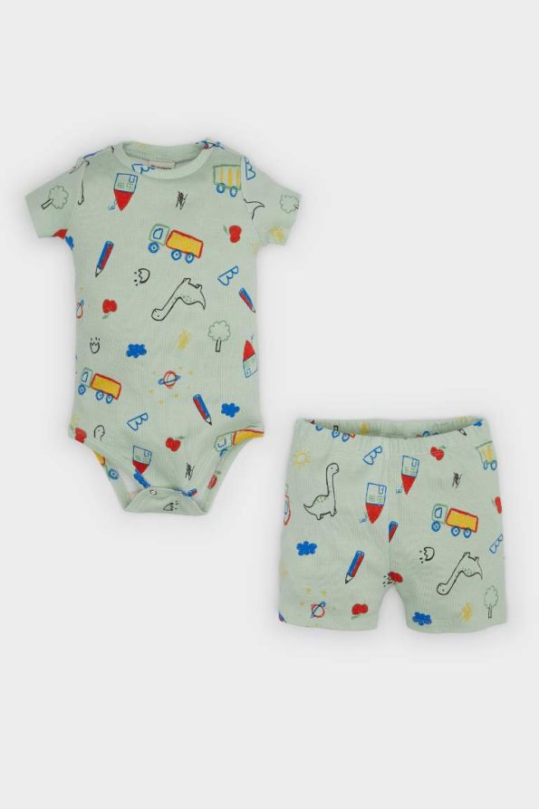 Boys' Dinosaur Print Short Sleeve Two-Piece Set with Snaps and Elastic Waist Shorts