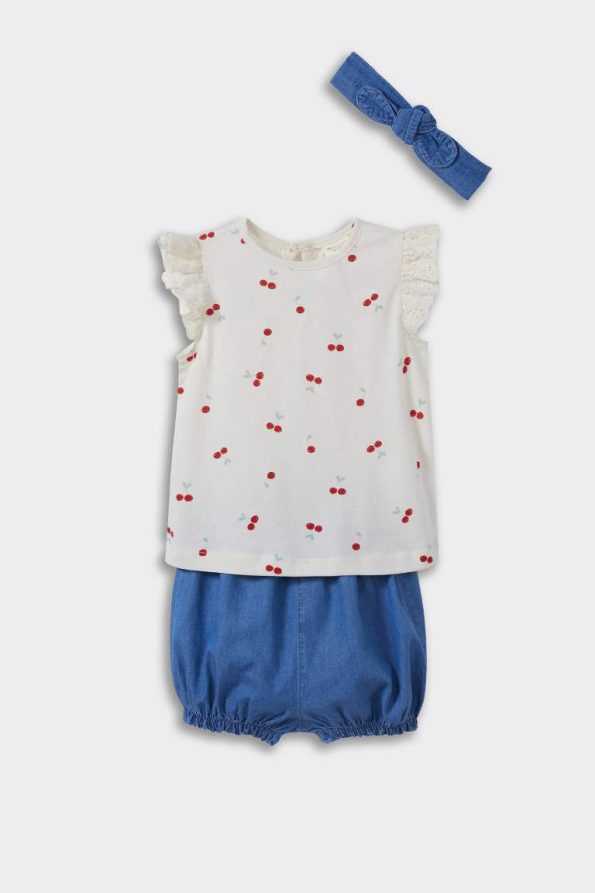 Girls' 3-Piece Fruit Pattern Short Sleeve T-Shirt Soft Jean Shorts Headband