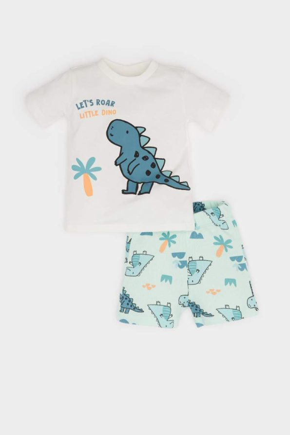 Boys' Dino Print Waffle 2-Piece Set with Short-Sleeve T-Shirt and Elastic Waist Shorts