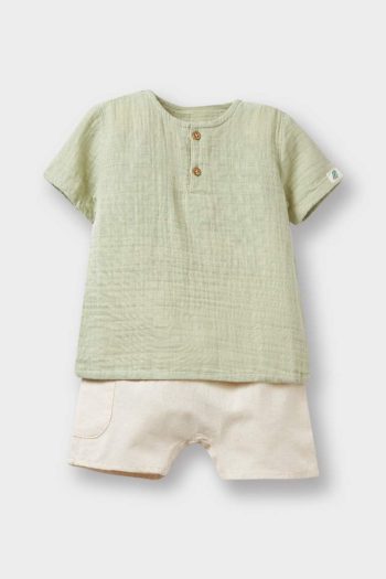 Boys' 2-Piece Set Short Sleeve Muslin T-Shirt with Elastic Waist Shorts