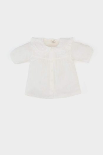 Girls' Lace Collar Poplin Short Sleeve Shirt