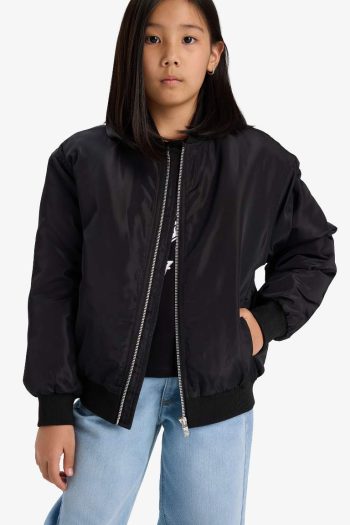 Girls' Waterproof College Collar Zip-Up Bomber Jacket