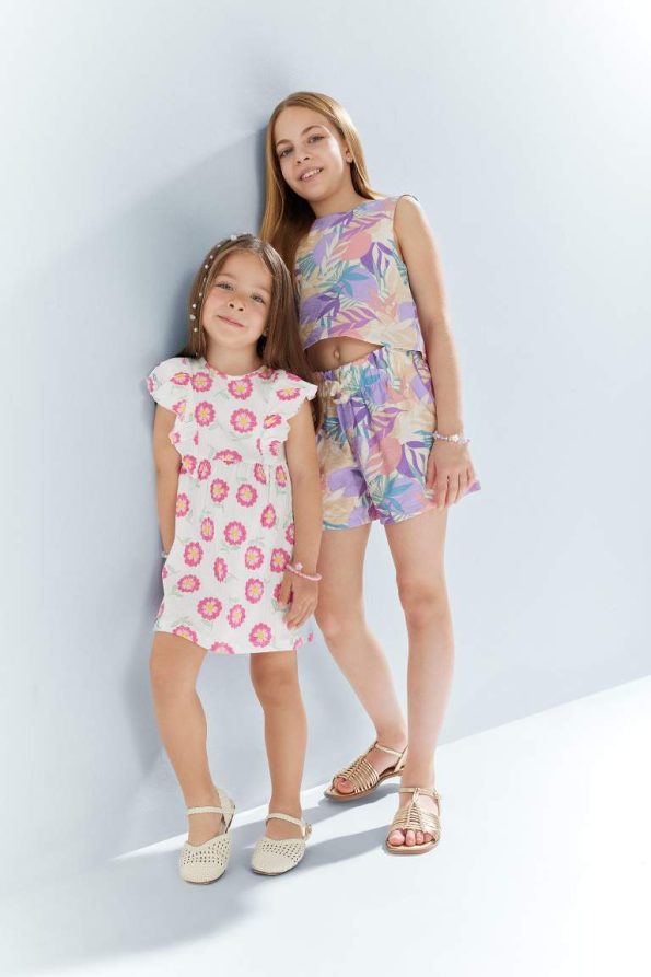 Flower Print Short Sleeve Crinkle Viscose Summer Dress for Baby Girls