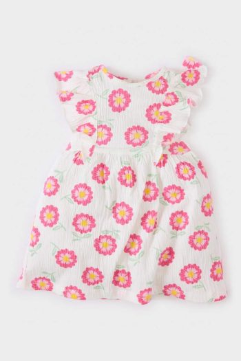 Flower Print Short Sleeve Crinkle Viscose Summer Dress for Baby Girls