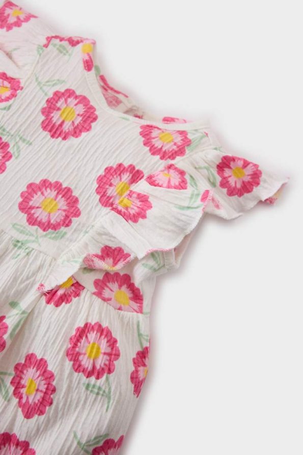 Flower Print Short Sleeve Crinkle Viscose Summer Dress for Baby Girls