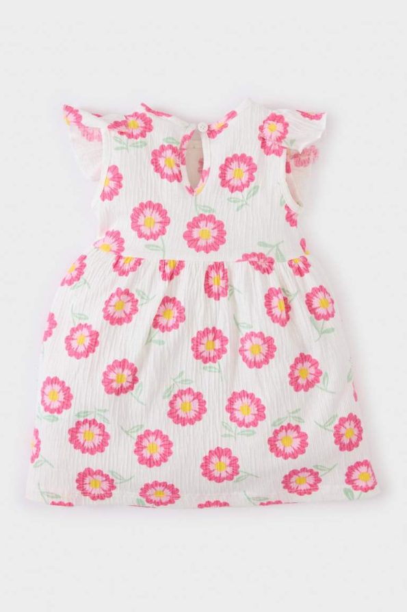Flower Print Short Sleeve Crinkle Viscose Summer Dress for Baby Girls