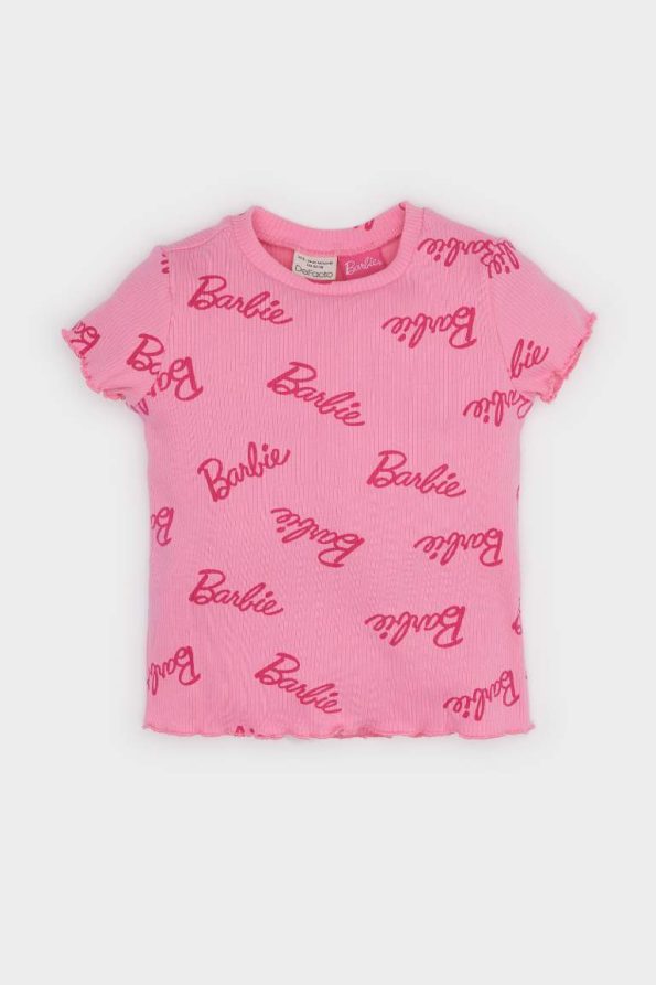 Girls' Barbie Crew Neck Ribbed Short Sleeve T-Shirt
